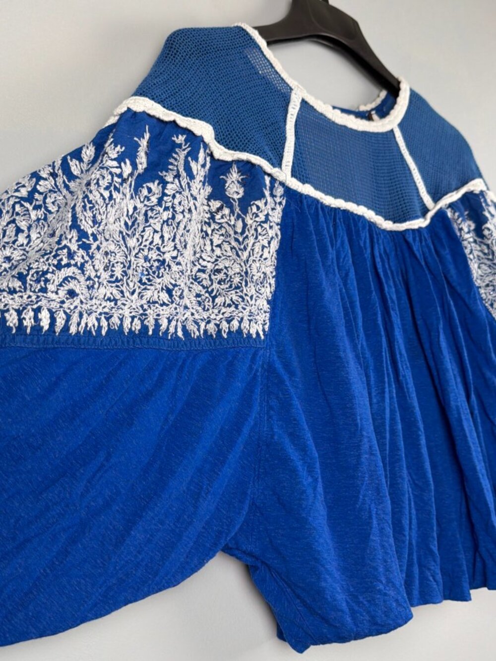 Free People Carly Mesh Embroidered Top Women M Blue Boho Retro Cottagecore Beach